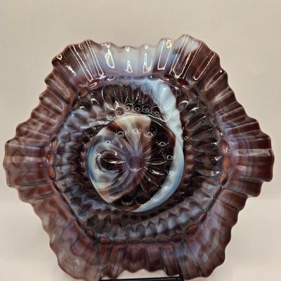 LOT 29L: Vintage Ruffled Edge Slag Glass Bowl and Three Salt Cellars