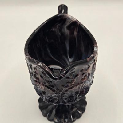LOT 30L: Vintage Purple Slag Glass Angel on a Star Candle Holder, Small Cornucopia, Creamer/Small Pitcher, and Two Tumbler Glasses