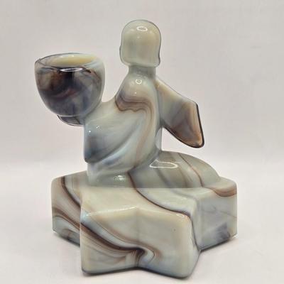 LOT 30L: Vintage Purple Slag Glass Angel on a Star Candle Holder, Small Cornucopia, Creamer/Small Pitcher, and Two Tumbler Glasses