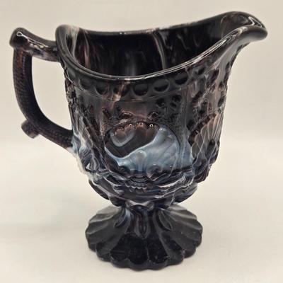 LOT 30L: Vintage Purple Slag Glass Angel on a Star Candle Holder, Small Cornucopia, Creamer/Small Pitcher, and Two Tumbler Glasses