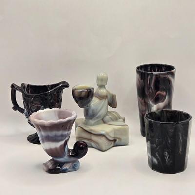 LOT 30L: Vintage Purple Slag Glass Angel on a Star Candle Holder, Small Cornucopia, Creamer/Small Pitcher, and Two Tumbler Glasses