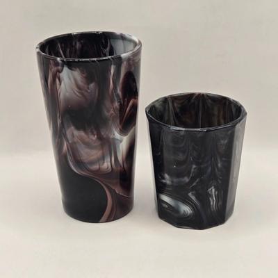 LOT 30L: Vintage Purple Slag Glass Angel on a Star Candle Holder, Small Cornucopia, Creamer/Small Pitcher, and Two Tumbler Glasses