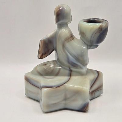 LOT 30L: Vintage Purple Slag Glass Angel on a Star Candle Holder, Small Cornucopia, Creamer/Small Pitcher, and Two Tumbler Glasses