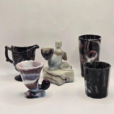 LOT 30L: Vintage Purple Slag Glass Angel on a Star Candle Holder, Small Cornucopia, Creamer/Small Pitcher, and Two Tumbler Glasses