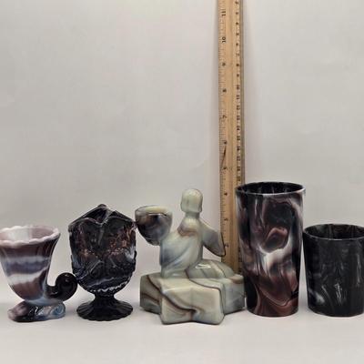 LOT 30L: Vintage Purple Slag Glass Angel on a Star Candle Holder, Small Cornucopia, Creamer/Small Pitcher, and Two Tumbler Glasses