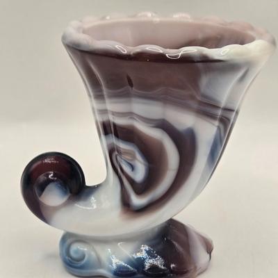 LOT 30L: Vintage Purple Slag Glass Angel on a Star Candle Holder, Small Cornucopia, Creamer/Small Pitcher, and Two Tumbler Glasses