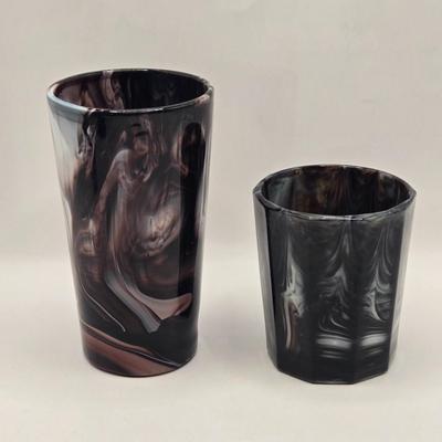 LOT 30L: Vintage Purple Slag Glass Angel on a Star Candle Holder, Small Cornucopia, Creamer/Small Pitcher, and Two Tumbler Glasses