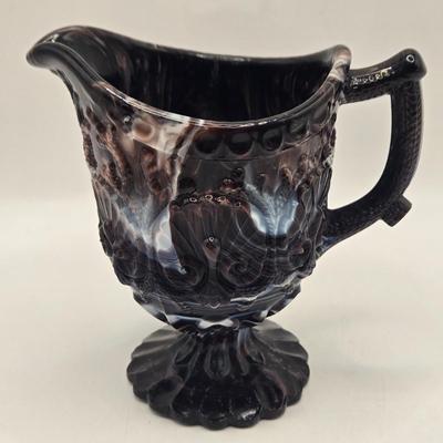 LOT 30L: Vintage Purple Slag Glass Angel on a Star Candle Holder, Small Cornucopia, Creamer/Small Pitcher, and Two Tumbler Glasses