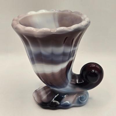 LOT 30L: Vintage Purple Slag Glass Angel on a Star Candle Holder, Small Cornucopia, Creamer/Small Pitcher, and Two Tumbler Glasses