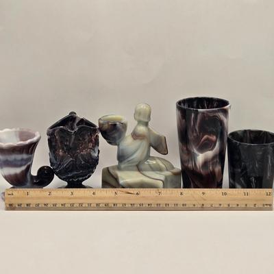 LOT 30L: Vintage Purple Slag Glass Angel on a Star Candle Holder, Small Cornucopia, Creamer/Small Pitcher, and Two Tumbler Glasses