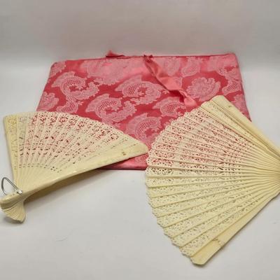 LOT 33L: Ladies Handkerchiefs, Hand Fans, Stationary, and Pink Cloth Bag