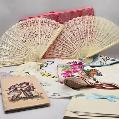 LOT 33L: Ladies Handkerchiefs, Hand Fans, Stationary, and Pink Cloth Bag