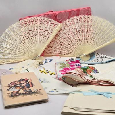 LOT 33L: Ladies Handkerchiefs, Hand Fans, Stationary, and Pink Cloth Bag