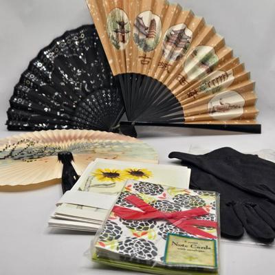 LOT 35L: Ladies Hand Fans. Dress Gloves, and Stationary