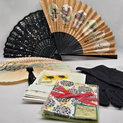 LOT 35L: Ladies Hand Fans. Dress Gloves, and Stationary