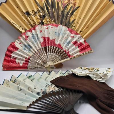 LOT 36L: Fans, Ladies Dress Gloves, and Handkerchief