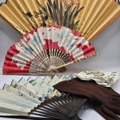 LOT 36L: Fans, Ladies Dress Gloves, and Handkerchief