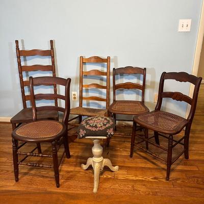 LOT 61A: Collection Of Vintage Wooden Chairs w/ Stool