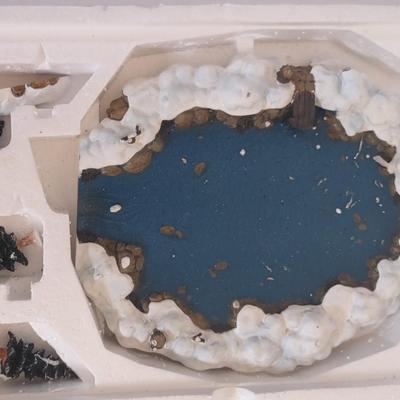 LOT 97D: Poly Resin Mill Pond, Poly Resin set of Feeding Deer, and Lighted Musical Snow Village