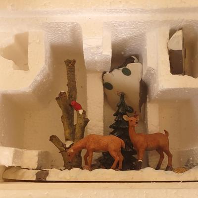 LOT 97D: Poly Resin Mill Pond, Poly Resin set of Feeding Deer, and Lighted Musical Snow Village