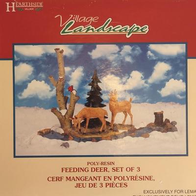 LOT 97D: Poly Resin Mill Pond, Poly Resin set of Feeding Deer, and Lighted Musical Snow Village