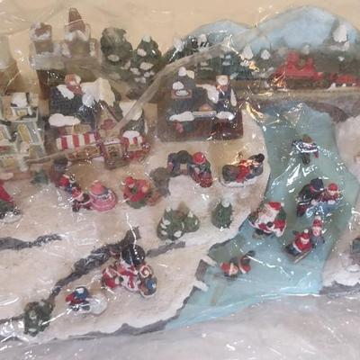 LOT 97D: Poly Resin Mill Pond, Poly Resin set of Feeding Deer, and Lighted Musical Snow Village