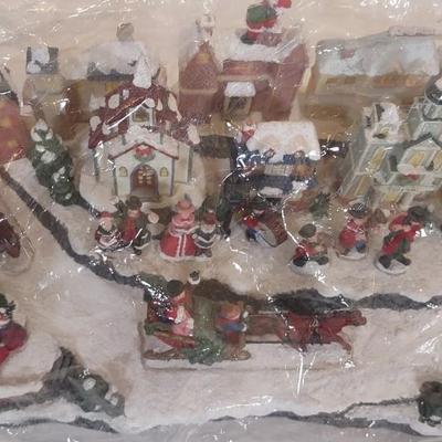 LOT 97D: Poly Resin Mill Pond, Poly Resin set of Feeding Deer, and Lighted Musical Snow Village