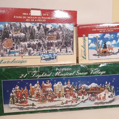 LOT 97D: Poly Resin Mill Pond, Poly Resin set of Feeding Deer, and Lighted Musical Snow Village