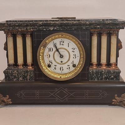 LOT 105D: Antique Seth Thomas Mantle Clock Adamantine 6 Pillar Lion Heads