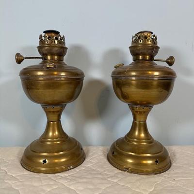 LOT 124A: Pair Of Vintage Lovell & Company Brass Oil Lamps