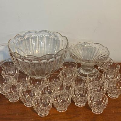 LOT 129A: Vintage Glass Punch Bowl w/ Base & Cups