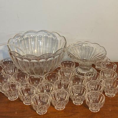LOT 129A: Vintage Glass Punch Bowl w/ Base & Cups
