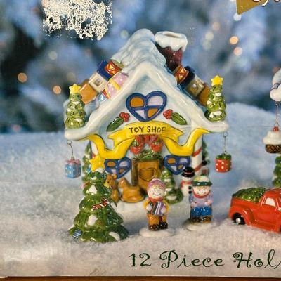 LOT 134B: Vintage Elements 12 Piece Holiday Village Set w/ Box