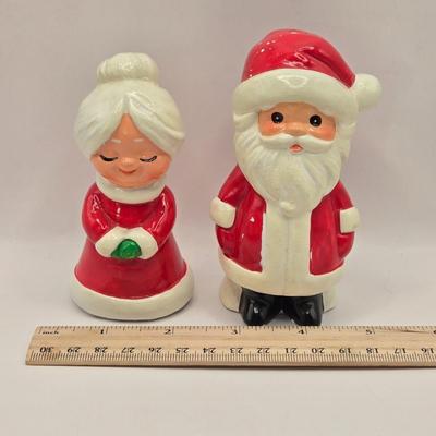 LOT 156L: Atlantic Mold Blonde Elf, Mr.&Mrs. Clause Salt & Pepper Shakers, More Christmas Figurines, and Angel Musical Figure