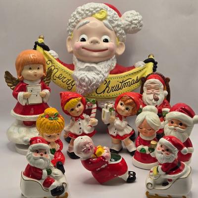LOT 156L: Atlantic Mold Blonde Elf, Mr.&Mrs. Clause Salt & Pepper Shakers, More Christmas Figurines, and Angel Musical Figure