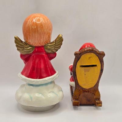 LOT 156L: Atlantic Mold Blonde Elf, Mr.&Mrs. Clause Salt & Pepper Shakers, More Christmas Figurines, and Angel Musical Figure