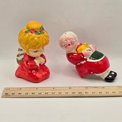 LOT 156L: Atlantic Mold Blonde Elf, Mr.&Mrs. Clause Salt & Pepper Shakers, More Christmas Figurines, and Angel Musical Figure