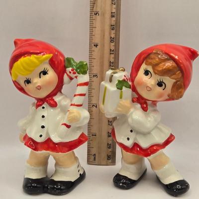 LOT 156L: Atlantic Mold Blonde Elf, Mr.&Mrs. Clause Salt & Pepper Shakers, More Christmas Figurines, and Angel Musical Figure