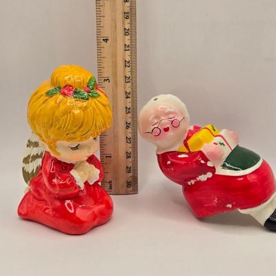 LOT 156L: Atlantic Mold Blonde Elf, Mr.&Mrs. Clause Salt & Pepper Shakers, More Christmas Figurines, and Angel Musical Figure