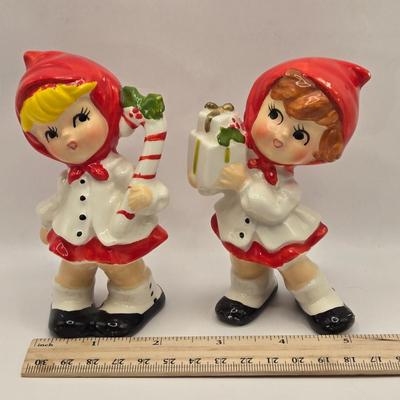 LOT 156L: Atlantic Mold Blonde Elf, Mr.&Mrs. Clause Salt & Pepper Shakers, More Christmas Figurines, and Angel Musical Figure