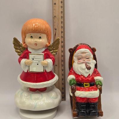 LOT 156L: Atlantic Mold Blonde Elf, Mr.&Mrs. Clause Salt & Pepper Shakers, More Christmas Figurines, and Angel Musical Figure
