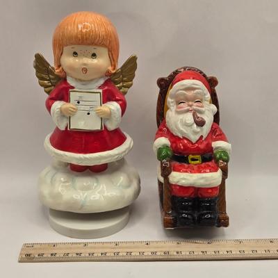 LOT 156L: Atlantic Mold Blonde Elf, Mr.&Mrs. Clause Salt & Pepper Shakers, More Christmas Figurines, and Angel Musical Figure