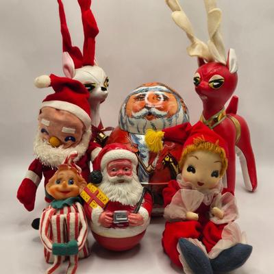 LOT 157L: Dakin Dream Pets Reindeer Pair, Vintage Cheinco Roly Poly Santa Claus, Roly Poly Plastic Santa, 1950s Poseable Elf, Boy That...