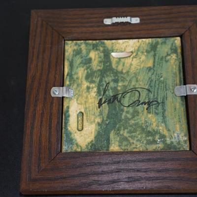 DOOR STUDIO POTTERY SIGNED SCOTT DRAVES MATT GREEN W FOUR LEAVES/BERRIES / OAK FRAME