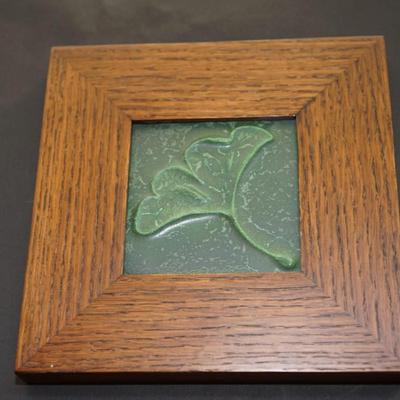 DOOR STUDIO POTTERY CERAMIC HAND-CRAFTED TILES /MATT GREEN GINGKO LEAVES -FRAMED