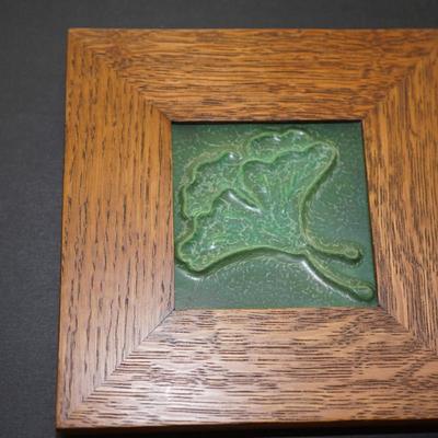 DOOR STUDIO POTTERY CERAMIC HAND-CRAFTED TILES /MATT GREEN GINGKO LEAVES -FRAMED