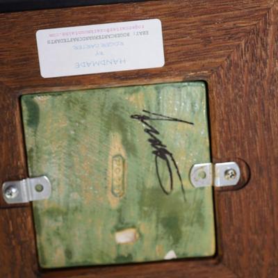 DOOR STUDIO POTTERY CERAMIC HAND-CRAFTED TILES /MATT GREEN GINGKO LEAVES -FRAMED