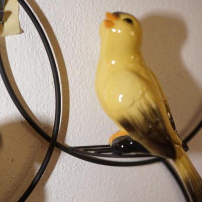 CERAMIC ARTS STUDIO MADISON, WI. TWO CANARIES /RECTANGLE SHAPED PLANTER. ON WIRE HANGER