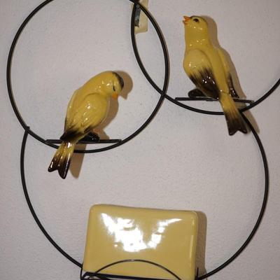 CERAMIC ARTS STUDIO MADISON, WI. TWO CANARIES /RECTANGLE SHAPED PLANTER. ON WIRE HANGER
