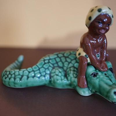 CERAMIC ARTS STUDIO MADISON, WI. BOY ON ALIGATOR. SALT AND PEPPER